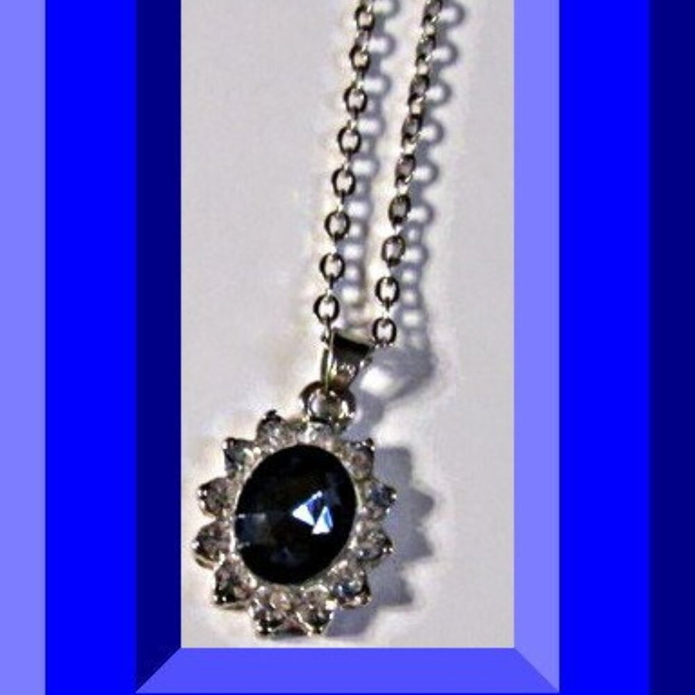 Silver Tone Necklace With Blue & Clear Crystals